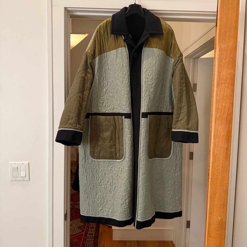 Dries Van Noten Reversible Wool and Quilted Coat in Blue and Green Sz Small